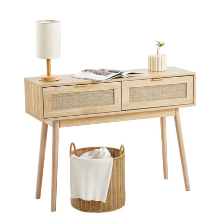 Rattan Console Table, 2 Drawers, Sliding Door, Entryway