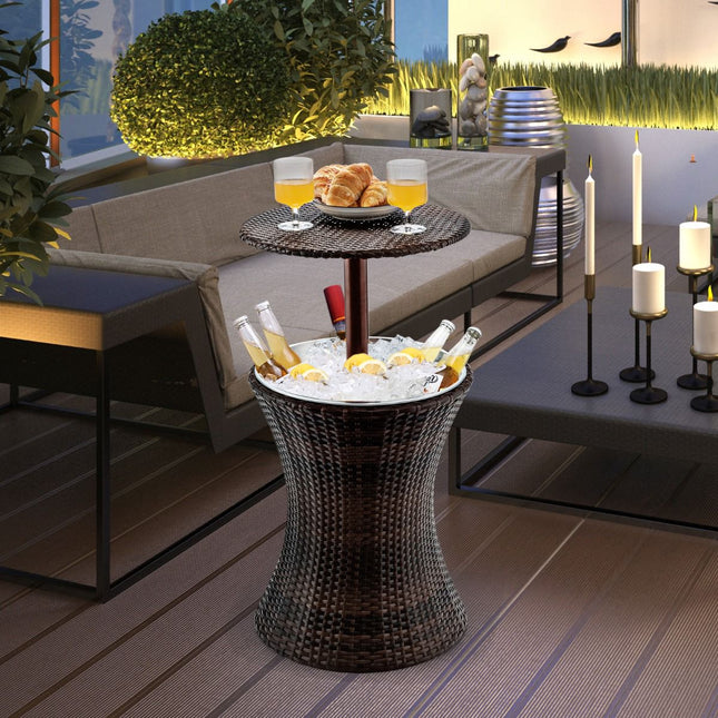 Rattan-Kühler-Beistelltisch mit Eiseimer, 17 l, verstellbar