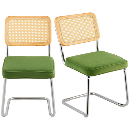 Rattan Dining Chairs Set of 2, Velvet Seat, Green