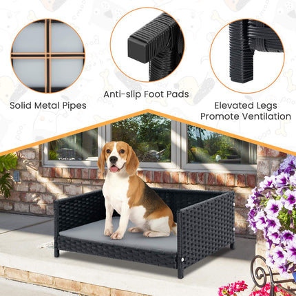 Hundebett aus Rattan, wasserdichtes, abnehmbares Kissen, 62x46cm