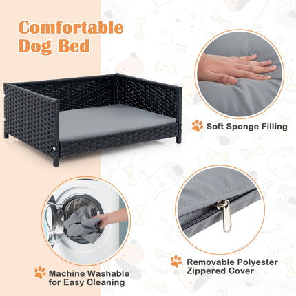 Hundebett aus Rattan, wasserdichtes, abnehmbares Kissen, 62x46cm