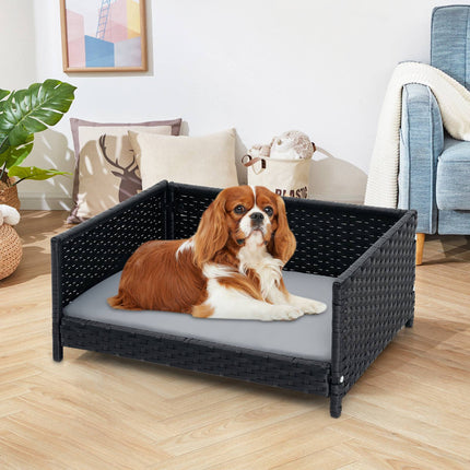 Hundebett aus Rattan, wasserdichtes, abnehmbares Kissen, 62x46cm