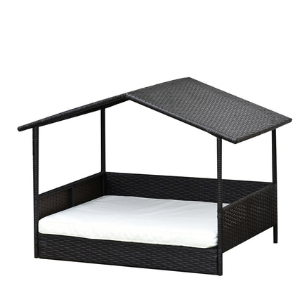Hundehütte aus Rattan für draußen mit Kissen, 98 x 69 x 73 cm