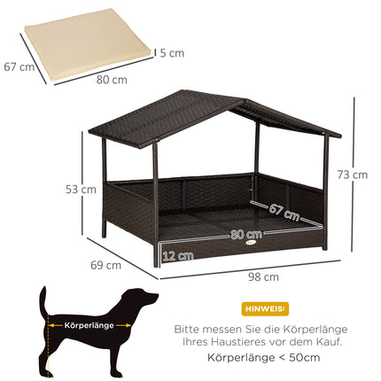 Hundehütte aus Rattan für draußen mit Kissen, 98 x 69 x 73 cm