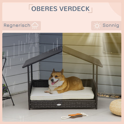 Hundehütte aus Rattan für draußen mit Kissen, 98 x 69 x 73 cm