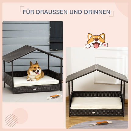 Hundehütte aus Rattan für draußen mit Kissen, 98 x 69 x 73 cm