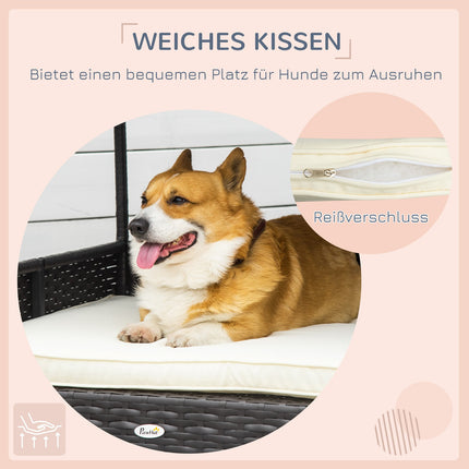 Hundehütte aus Rattan für draußen mit Kissen, 98 x 69 x 73 cm
