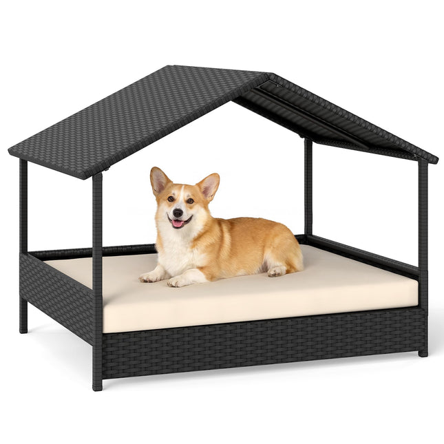 Rattan-Hundehütte mit Verdeck, erhöht, für Haustiere bis 60 kg