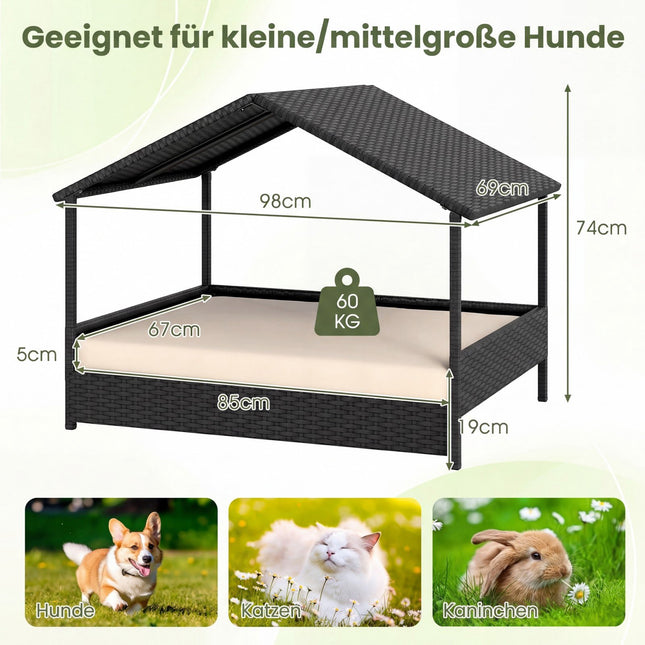 Rattan-Hundehütte mit Verdeck, erhöht, für Haustiere bis 60 kg