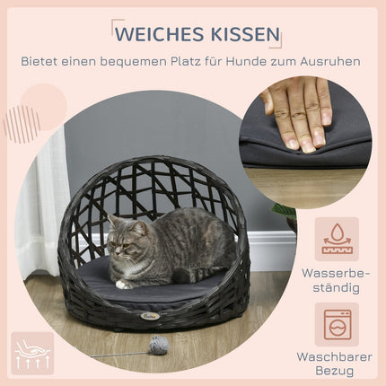 Rattan dog kennel with cushion, indoor & outdoor, black/grey