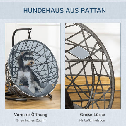 Rattan dog kennel & cat house, outdoor cushion, gray
