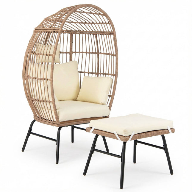 Rattan-Eiersessel mit Ottoman, Kissen für Innen/Außen