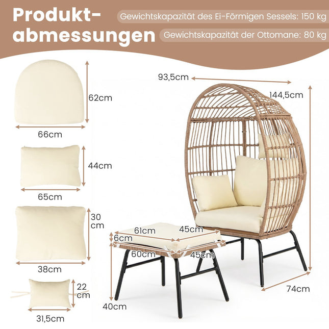 Rattan-Eiersessel mit Ottoman, Kissen für Innen/Außen