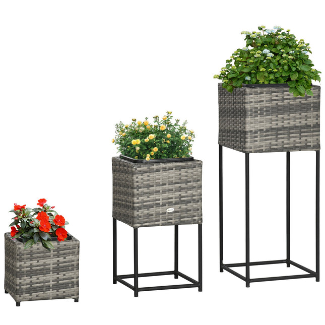 Blumenkasten aus grauem Rattan mit Ständer und Abzugsloch