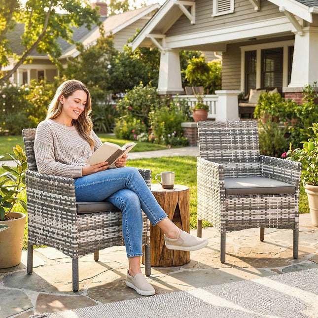 Rattan-Gartensessel-Set, Grau, gepolstert, wetterfest