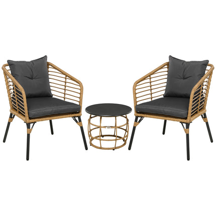 3-teilige Rattan-Garnitur mit Kissen, Sand/Dunkelgrau