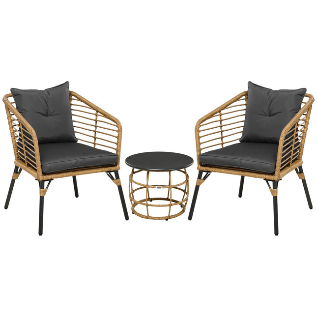 3-teilige Rattan-Garnitur mit Kissen, Sand/Dunkelgrau