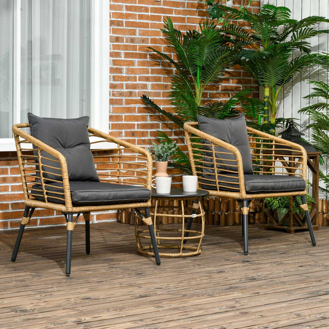 3-teilige Rattan-Garnitur mit Kissen, Sand/Dunkelgrau