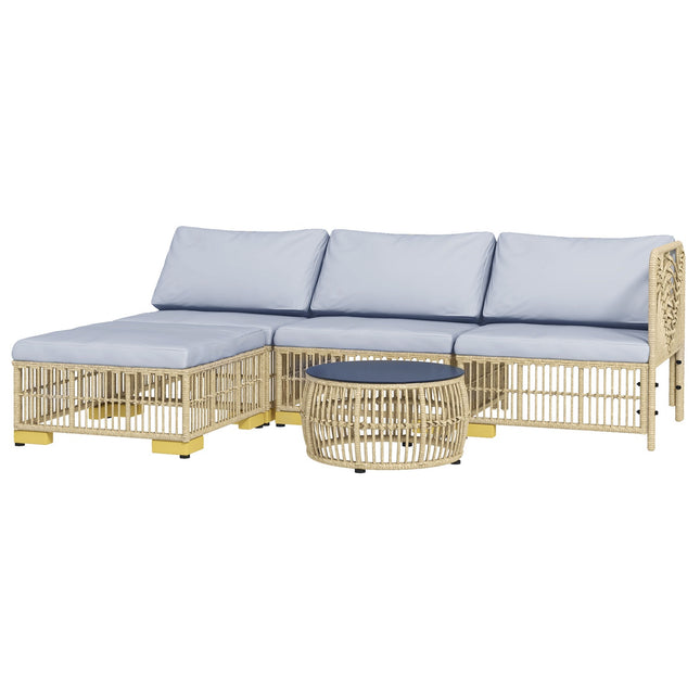 5-teiliges Rattan-Gartenmöbel-Set mit Kissen, hellgrau
