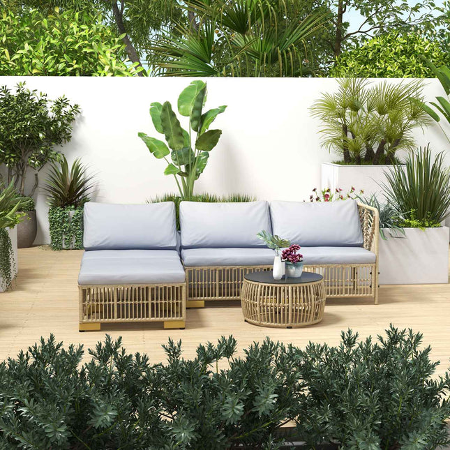 5-teiliges Rattan-Gartenmöbel-Set mit Kissen, hellgrau