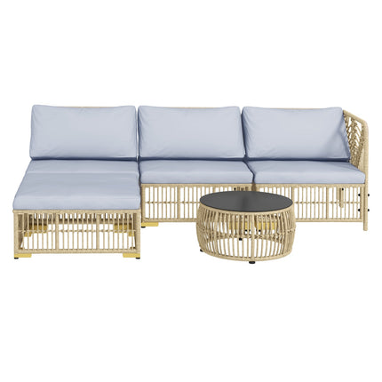 5-teiliges Rattan-Gartenmöbel-Set mit Kissen, hellgrau