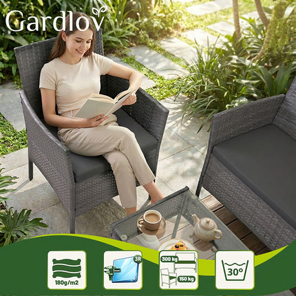 Gartenmöbel-Set aus Polyrattan, Dunkelgrau, Sofa, 2 Stühle, Tisch