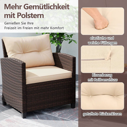 Rattan-Gartensitzgruppe mit Kissen und Tisch, Braun