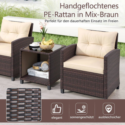 Rattan-Gartensitzgruppe mit Kissen und Tisch, Braun