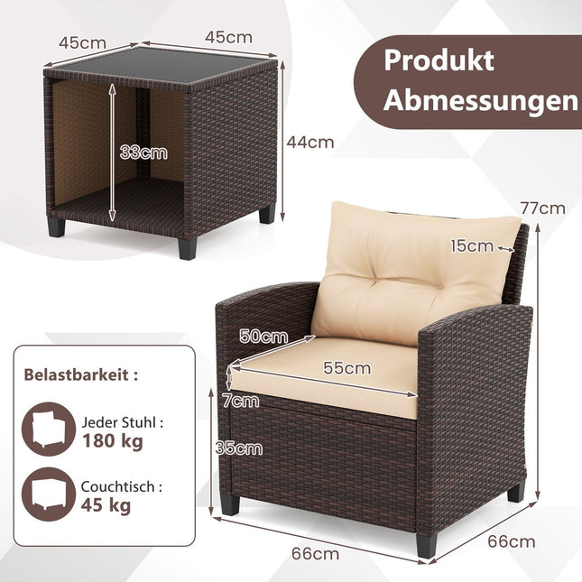 Rattan-Gartensitzgruppe mit Kissen und Tisch, Braun