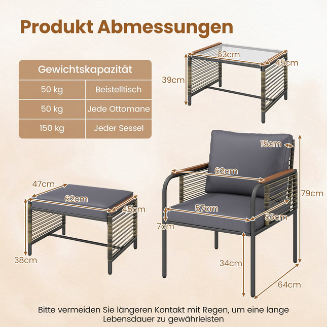 Rattan-Gartensitzgruppe mit Kissen & Tisch, Grau