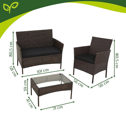 Gartensitzgruppe aus Polyrattan mit Kissen und Glastisch