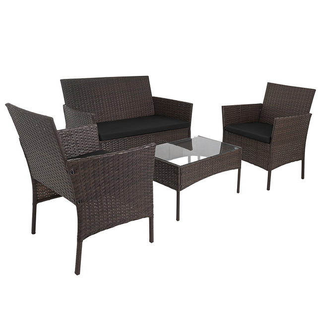 Gartensitzgruppe aus Polyrattan mit Kissen und Glastisch