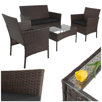 Gartensitzgruppe aus Polyrattan mit Kissen und Glastisch