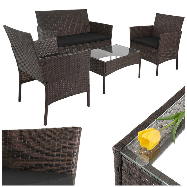 Gartensitzgruppe aus Polyrattan mit Kissen und Glastisch
