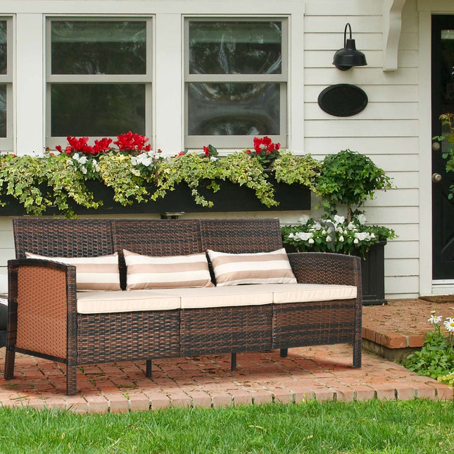 Rattan-Gartensofa, 3-Sitzer mit Kissen, Stahlrahmen