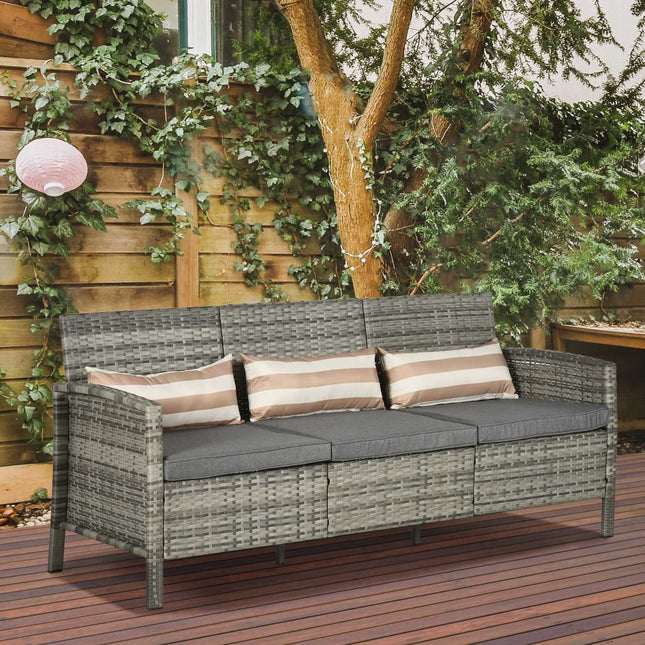 Gartendreiersofa aus Rattan, inkl. Kissen, grau