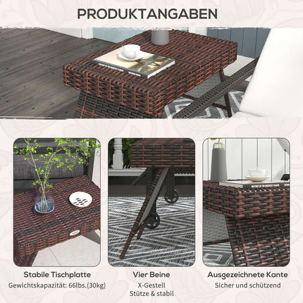 Wetterfester klappbarer Gartentisch aus Rattan, braun 60x41x41 cm