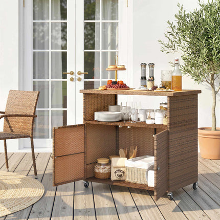 Küchenwagen aus Rattan mit Eukalyptusplatte und Rollen