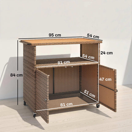 Küchenwagen aus Rattan mit Eukalyptusplatte und Rollen