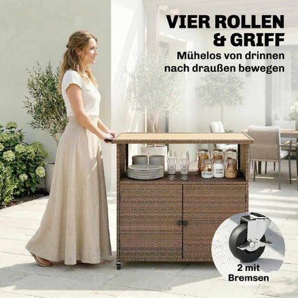 Küchenwagen aus Rattan mit Eukalyptusplatte und Rollen