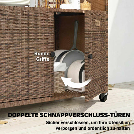 Küchenwagen aus Rattan mit Eukalyptusplatte und Rollen