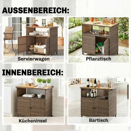 Küchenwagen aus Rattan mit Eukalyptusplatte und Rollen
