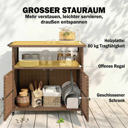 Küchenwagen aus Rattan mit Eukalyptusplatte und Rollen