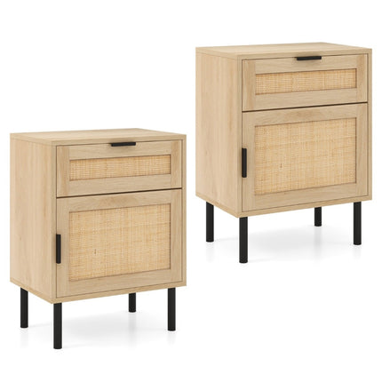 Rattan-Nachttisch 2er-Set mit Schublade und Schrank, 45x30x59 cm