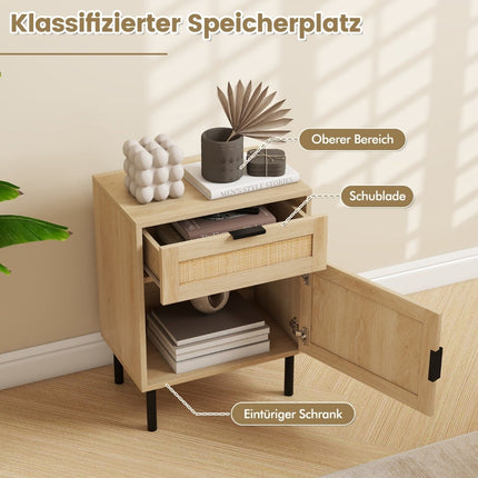 Rattan-Nachttisch 2er-Set mit Schublade und Schrank, 45x30x59 cm