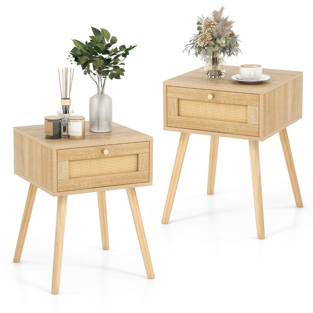 Rattan Nightstand Set with Drawer, Boho Style, 2 Pieces