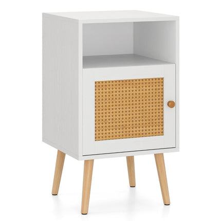 Rattan Nightstand with Storage, Open Shelf & Door, White