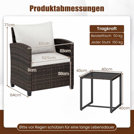 Rattan Outdoor Balkonset mit Auflagen und Glastisch