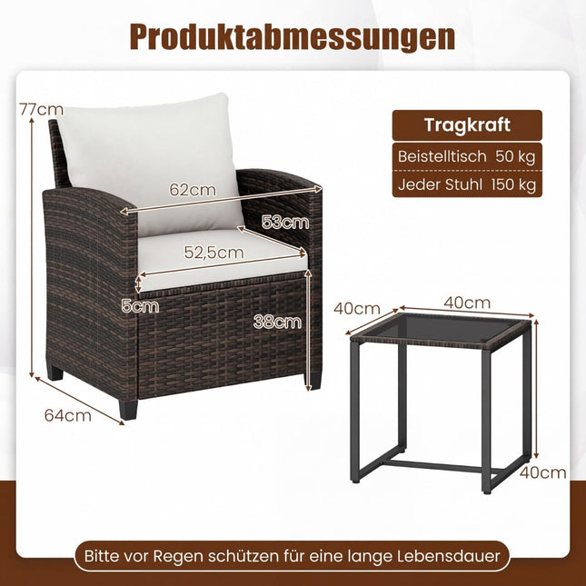 Rattan Outdoor Balkonset mit Auflagen und Glastisch