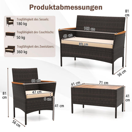 Rattan-Gartenmöbel-Set mit Stühlen, Bank, Tisch und Kissen